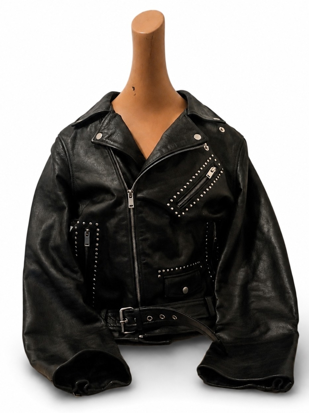 Black Studded Leather Biker Jacket - Women